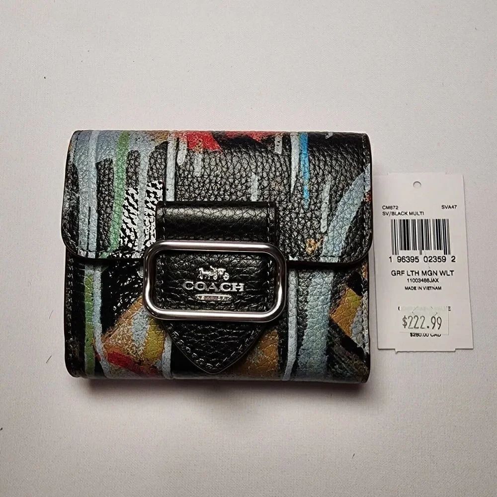 NWT Coach CM672 X Mint + Serf Small Morgan Wallet Silver / Black Multi